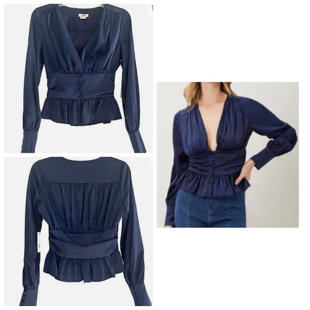 Jason Wu Navy Blue Satin Long Sleeve Blouse Size L